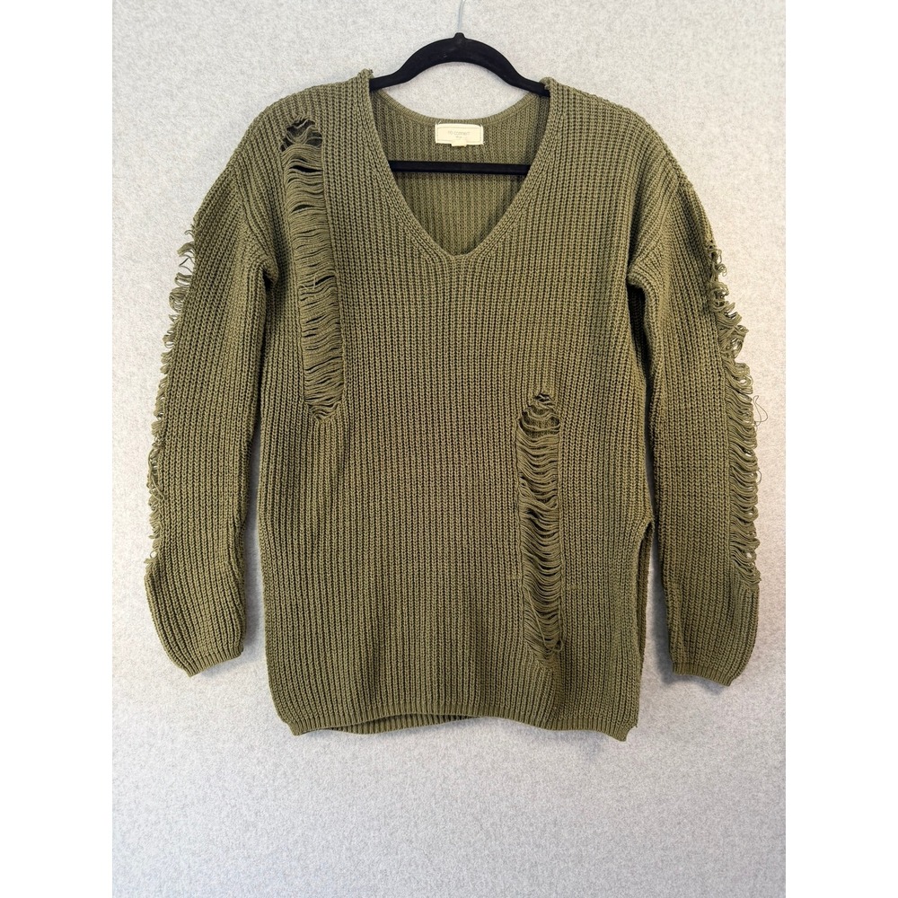 No Comment NY-LA Olive Green Distressed Shredded V-Neck Sweater RS62349 Medium
